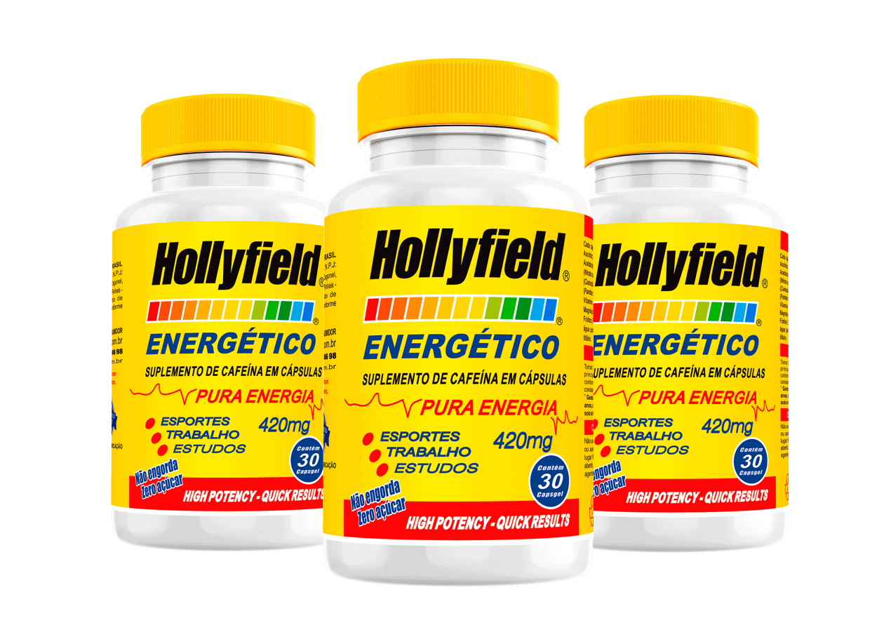 Cafeína Energético Hollyfield 400mg 30 Cápsulas Kit com 3 